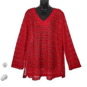Red Metallic Open Knit Lace Tunic Top / Swim Cover-Up Sz XL Boho Festival Layer